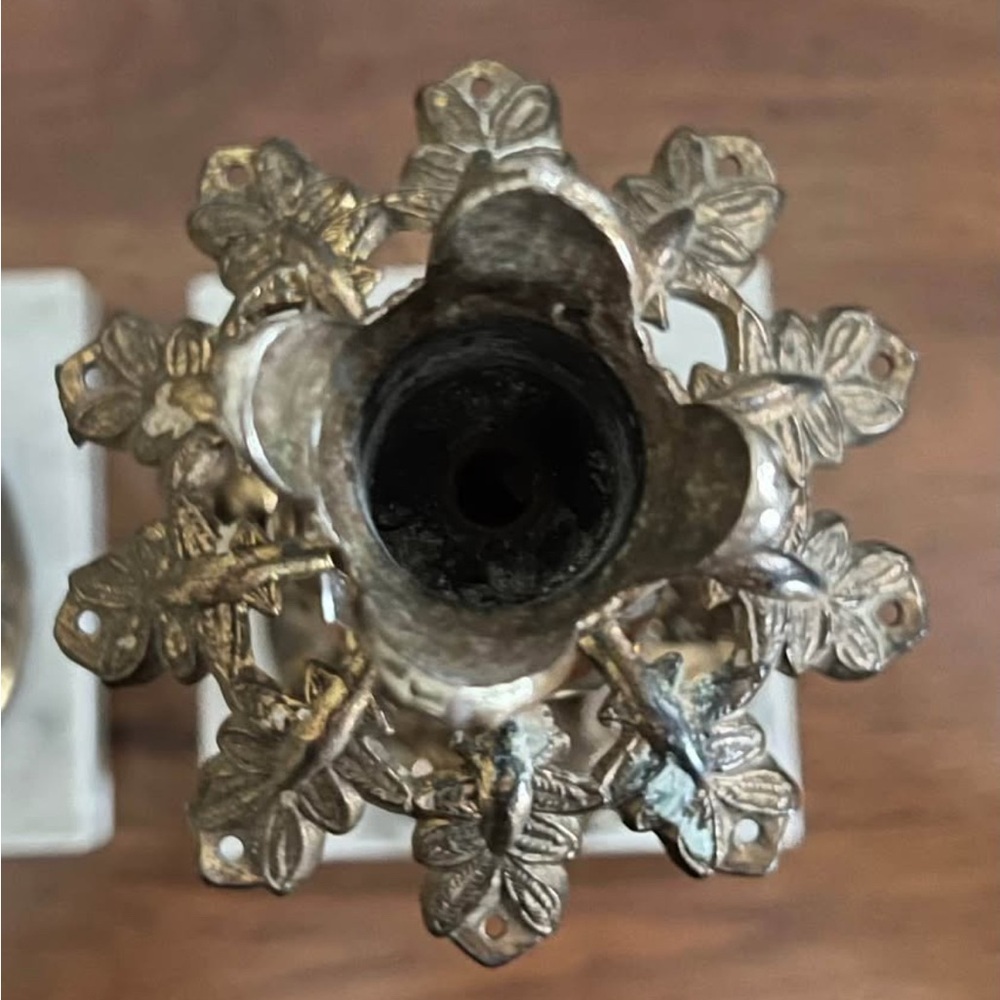 Pair of Hollywood Regency Brass and Marble Candle Holders; Cherubs on Koi - Picture 4 of 5